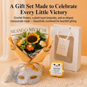 3In1 Bouquet Doll Mask Graduation Gift, Sunflower Handmade Crochet Artificial Flowers With Desktop Decor Accessories, Gift Set Ornament for Friends