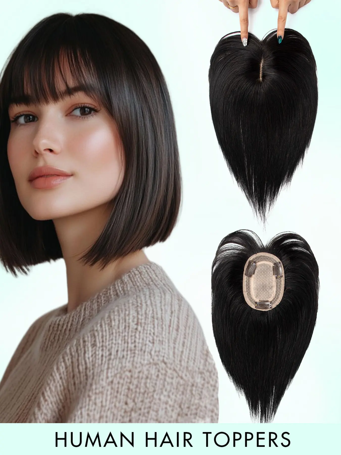 Real Human Hair Topper with Bangs 4x2.5in Lace Base for Thinning Hair Amazon.com : Swiss Base Real Human Hair Toppers for Women  main image 2