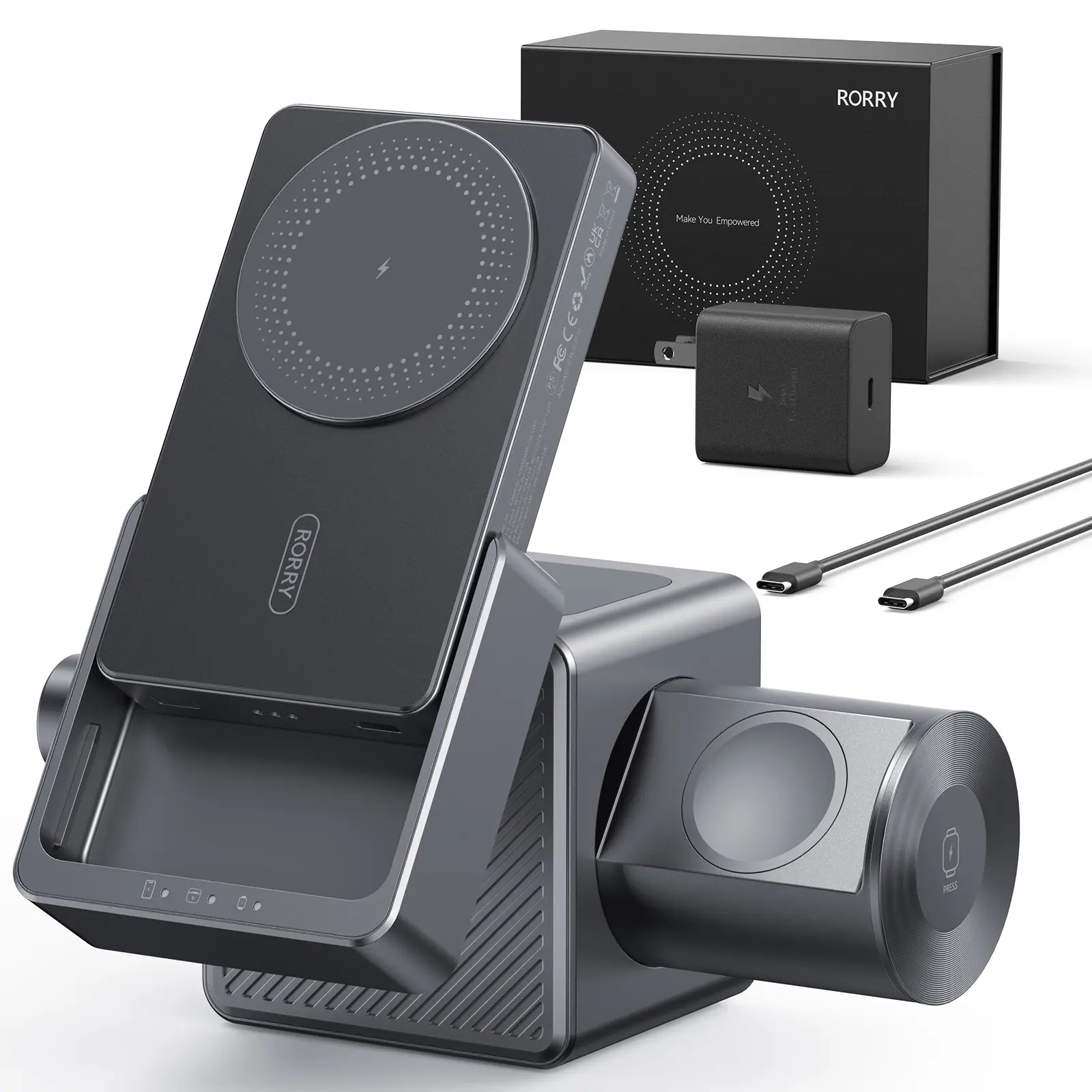RORRY 3 in 1 Charging Station for Apple, for Magsafe Wireless Charger Stand with 10000mAh Power Bank for Apple Watch Ultra 3/11/9/8/Ultra/7/6/SE/5, iPhone 17-12, for AirPods Metallic Gray,back to school,back to school haul
