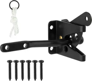 Upgrade Self-Locking Gate Latch for Wooden Fence Heavy Duty,  Gravity Lever Door Latches with Longer Fasteners & Pull String for Secure Pool, Garden, Black Finish/4.7in
