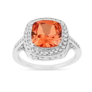 2.39 Ct Cushion Lab Created Peach Sapphire Prong Silver Halo Statement Ring