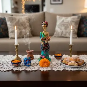 Handmade 10” Mexican Catrina Figurine – Glow in the Dark Green Dress with Fish Plate | Día de los Muertos Collectible