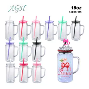 AGH new collection 12pcs 16 oz Double Wall Plastic HandleTumblers Sonw Globe Cup tumbler with Mixed Color Lids with Pre Drilled Hole Plug
