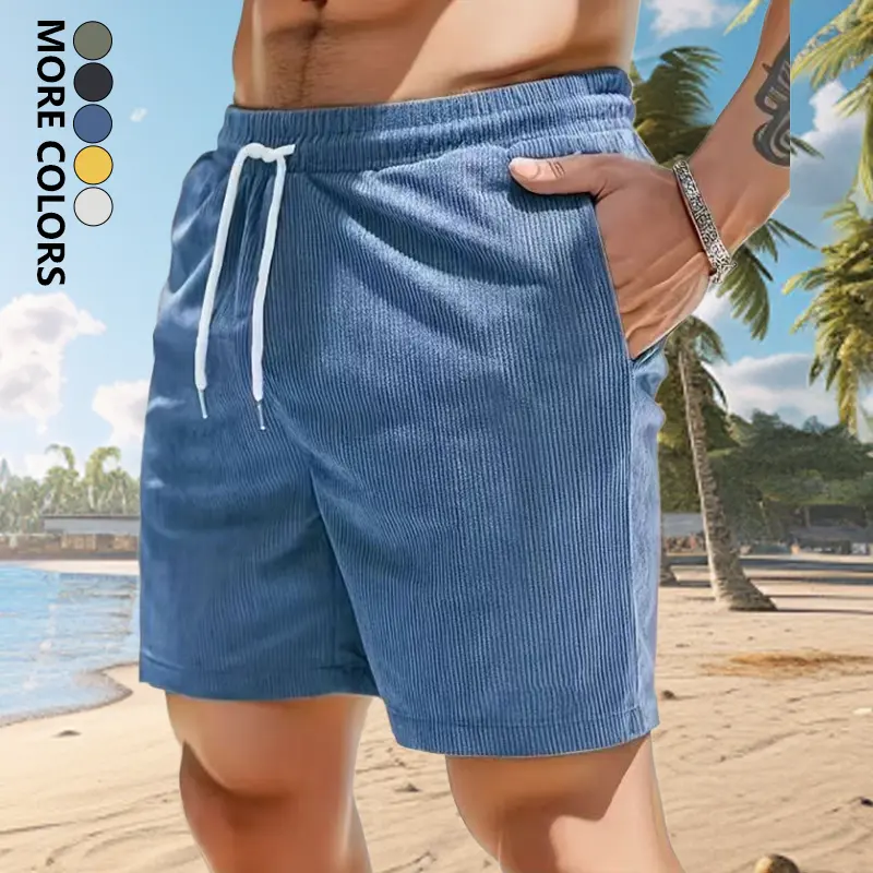 Men's Soft Corduroy Beach Shorts - Menswear Plain Bottoms with Breathable Material, Lightweight Elastic Waist, Ideal for Daily Wear, Beach to Street Use