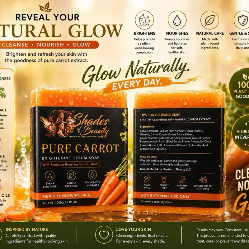 Pure Carrot Brightening Solid Soap - Natural Plant-Based, Olive-Infused Cleansing Bar with Mineral Oil-Free Formula for Gentle Facial & Body Acne Care