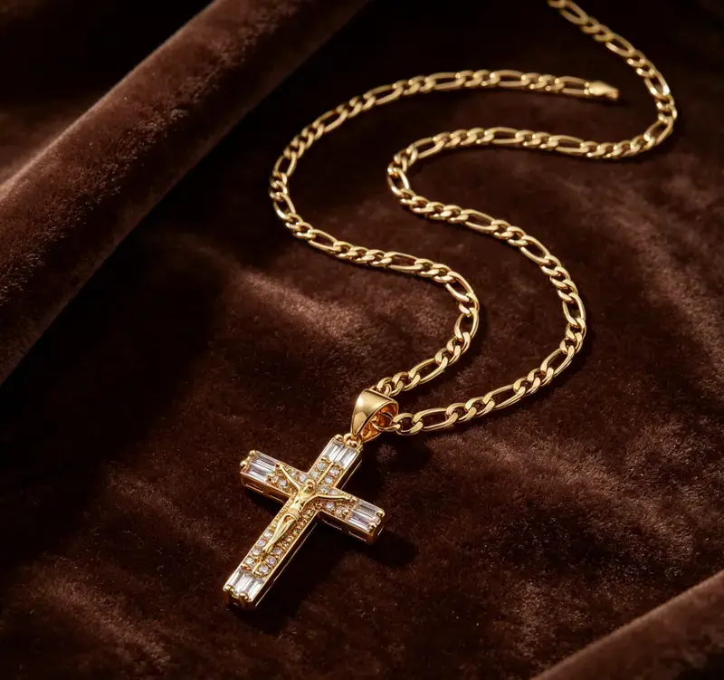 Waterproof 14K Gold Plated Cross Pendant Necklace | Hypoallergenic, Fade-Resistant. Inlaid with Shining Cubic Zirconia, Matched with Figaro Chain. Light & Comfortable for Daily Use, Spiritual Religious Gift for Her, Chain Necklaces, Cross Design Necklace