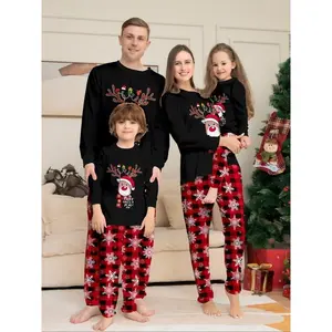 Christmas Family Matching Set, Plaid Long Sleeve Top & Snowflake Striped Pants, Casual Fitted Sleepwear for All Seasons