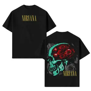 Nirvana Rose Skull T-Shirt - Vintage Black Graphic Tee with Green Teal Skull Full of Red Roses, Gold Nirvana Logo Front & Back Print, Grunge Rock Band Distressed Streetwear Top Gift for Nirvana Fans