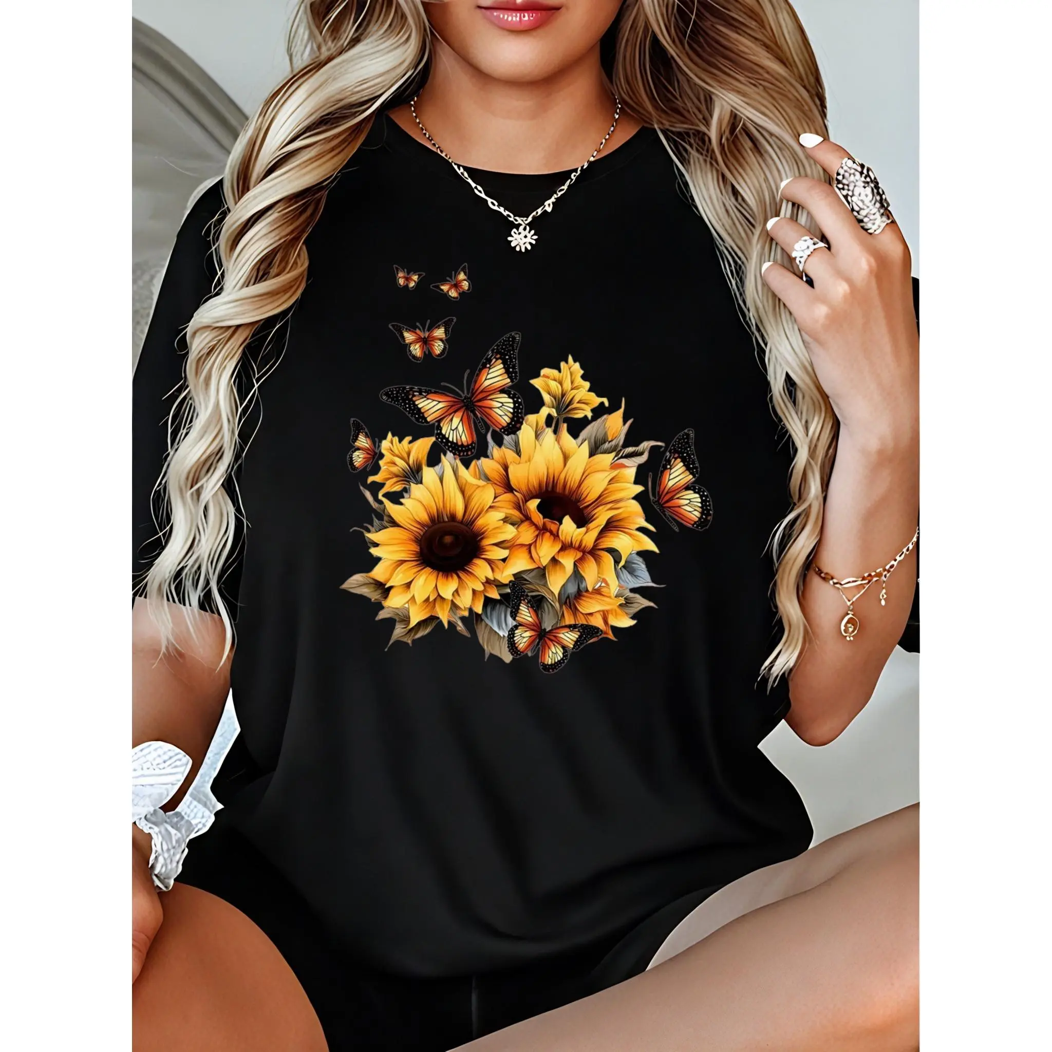 Women's 100% Pure Cotton Fitted Cut Round Neck Short-Sleeve Graphic T-Shirt Top - Black Floral Sunflower Butterflies Cartoon Print, Korean Style Casual Streetwear for Spring, Summer, Graphic T Shirts, Floral Sunflower Butterflies Graphic Print
