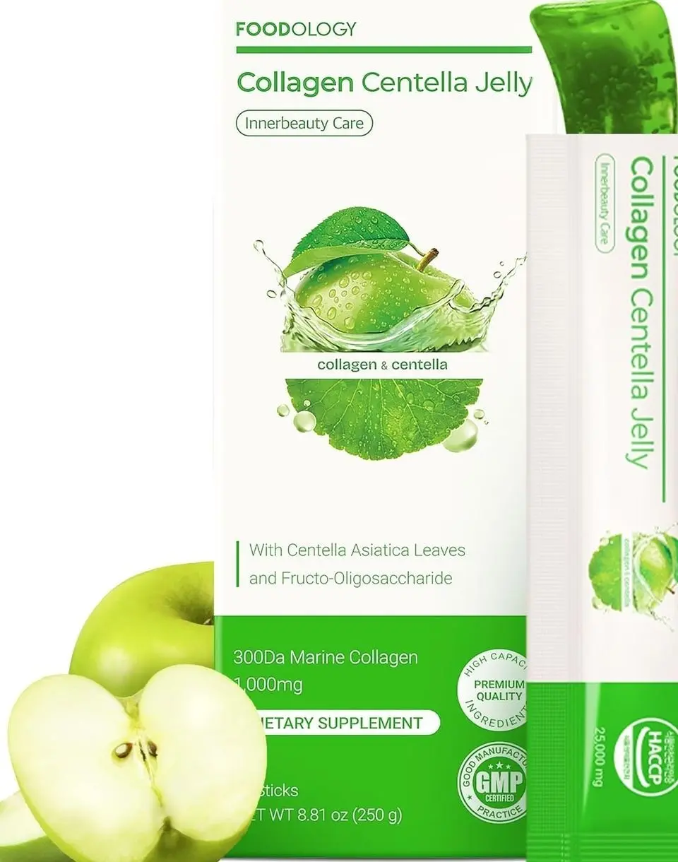 FOODOLOGY Coleology Centella Jelly Collagen Petide, Gree Apple, 10 Sticks | PDRN, Biotin & Hyaluronic Acid, Vitamin for Skin Glow, Hair & Nail Support, Korean Jelly Collagen Sticks