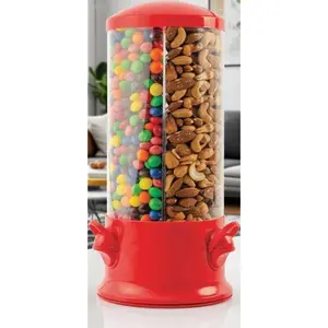 360 Degree Rotating Candy Dispenser - 3 Compartment Snack Machine for Nuts & Treats - Reusable & Durable Candy Vending Device - Fun Party Snack Organizer - New Improved Design (Red)
