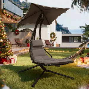 Garvee Hanging Chaise Lounger Swing Chair with Umbrella Canopy and Stand, Curved Steel Frame for Comfortable Outdoor and Indoor Use in Patio, Pool, Garden, Backyard, and Porch Settings