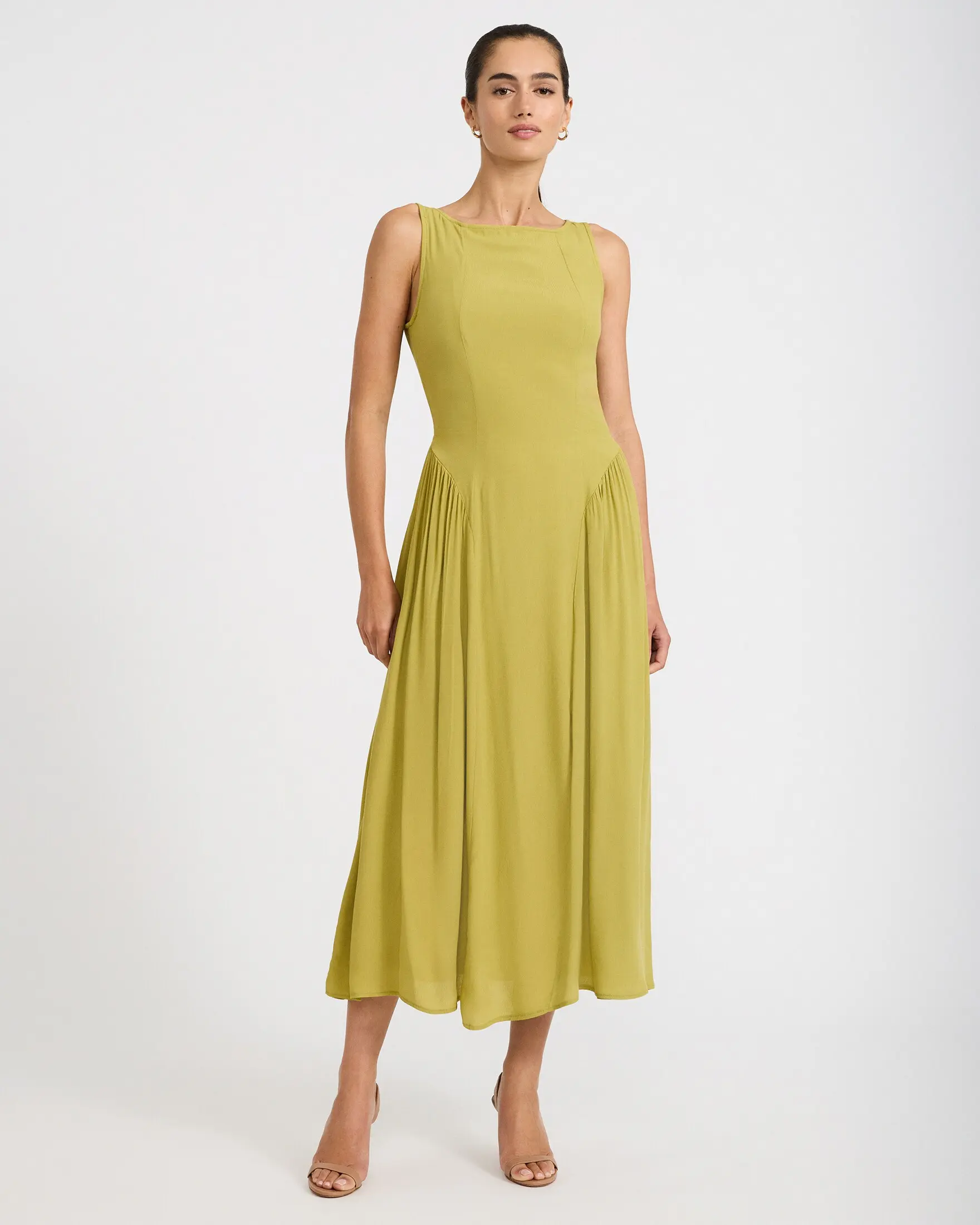 Express Boat Neck Smocked Back Midi Fit and Flare Dress
