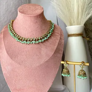 Polki Simple Necklace set with Jhumka indian jewelry, Eid Jewelry, Party Wear