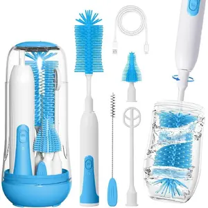 Electric Bottle Brush Cleaner, Portable Rechargeable Bottle Cleaner Kit for Travel with Silicone Nipple & Straw Brush, Drainage Rack, Storage Box(Sky Blue)