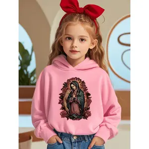 Girls' Virgin Mary & Roses Print Hooded Sweatshirt - Soft Warm Winter Sweater with Spanish-Inspired "Mi Vida" Text, Catholic Iconography for, Church & Casual Attire (Regular Fit) - Religious Apparel, Cotton, Long Sleeves