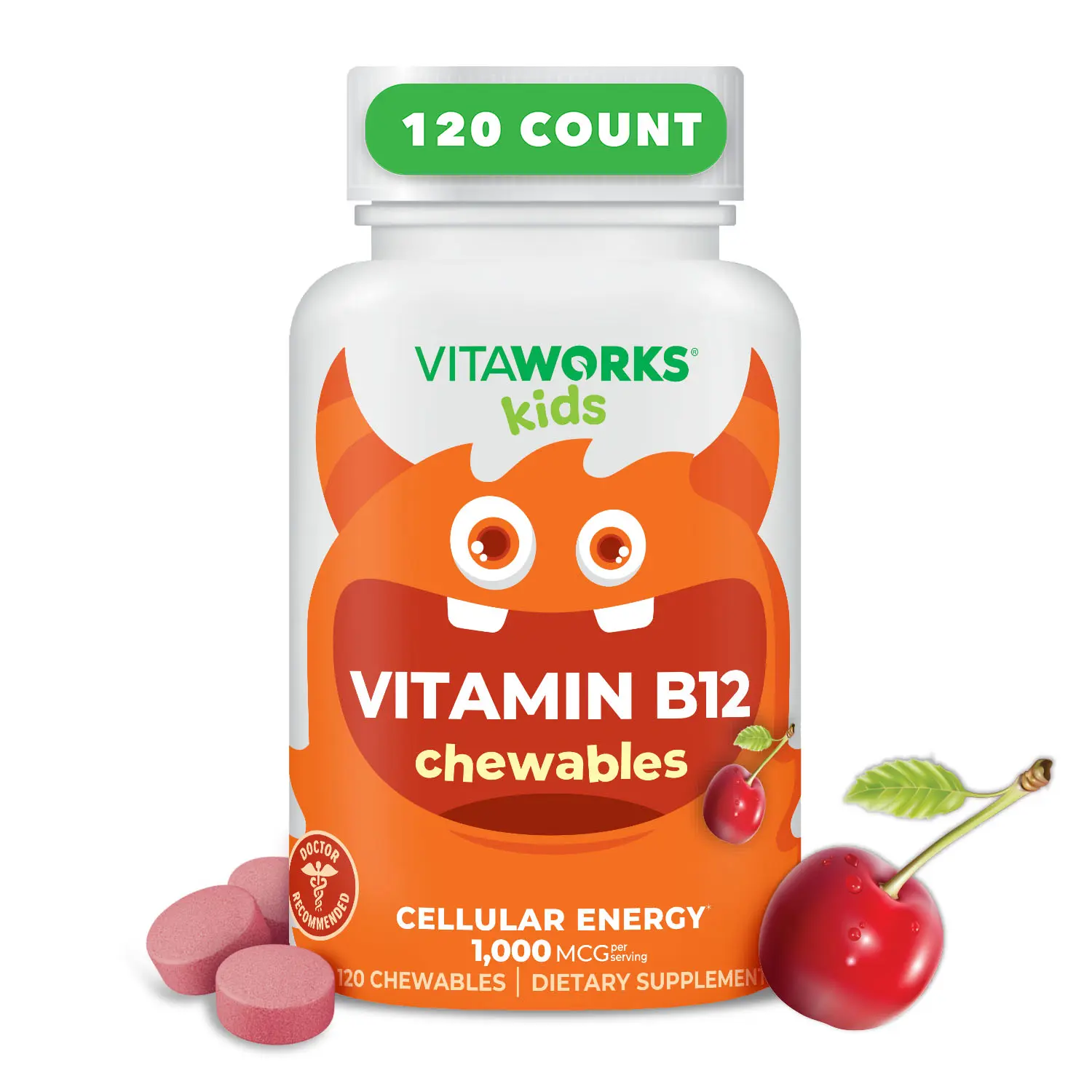 VitaWorks Kids' Youth Vitamin B12 Chewable Tablets - Gluten-Free, Dairy-Free Healthcare Dietary Supplement for Cellular Energy Boost, 1000 mcg, 120 Count