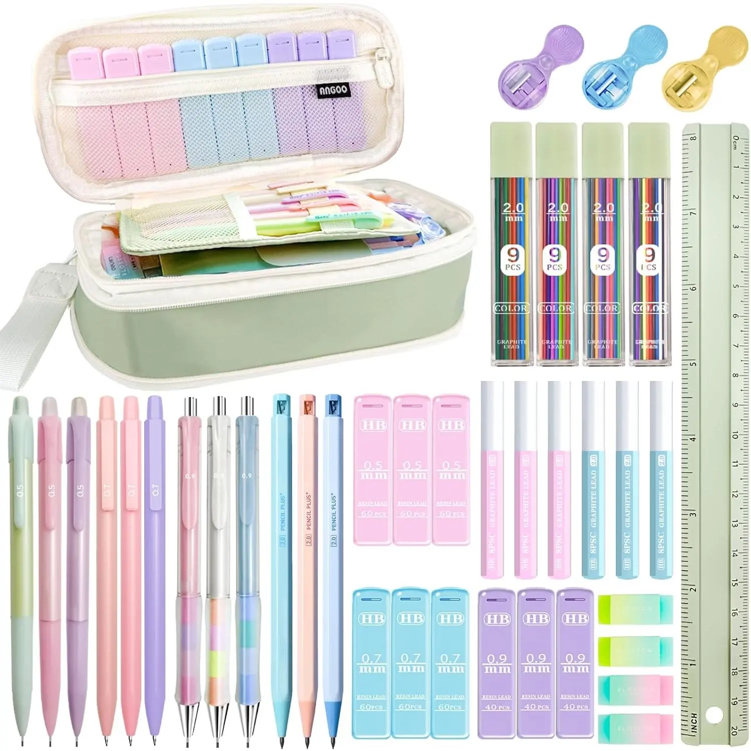 42 count Mechanical Pencil Set with Cute Pencil Case ,12X Pastel Mechanical Pencil 0.5mm, 0.7mm, 0.9mm & 2.0mm with 564X HB Leads Student Stationary Set for Writing Drawing Ideal Study Essentials (Green)