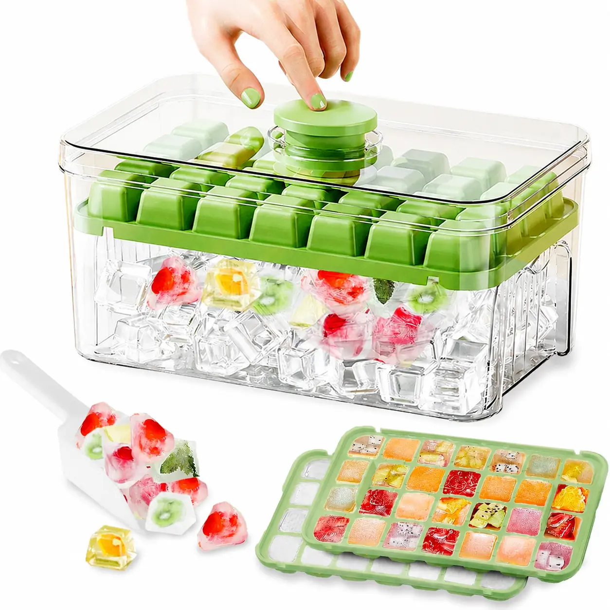 Easy Release Ice Cube Tray with Lid, ice molds,Bin and Ice Scoop,2 Pack Plastic Ice Cube Tray, Ice Trays for freezer with Container, Chilling Drinks, Whiskey & Cocktails, Stackble Spill-Resistant