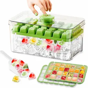 Easy Release Ice Cube Tray with Lid, ice molds,Bin and Ice Scoop,2 Pack Plastic Ice Cube Tray, Ice Trays for freezer with Container, Chilling Drinks, Whiskey & Cocktails, Stackble Spill-Resistant