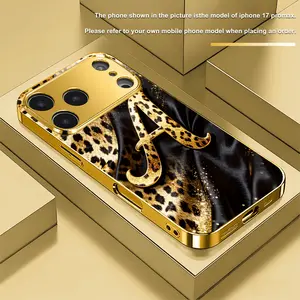 Black Gold Leopard Print Letter A Pattern Electroplated Gold Phone Case for iPhone 17, 16, 15, 14, 13, 12, 17 Pro/Pro Max/Plus Tempered Glass Protective Case, iPhone Users, Modern Phone Case, Light Luxury, Full Body Protection, Fashionable, High-End Feel,