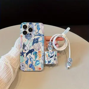 5 Piece Set Transparent Summer Whale, Shell, Seahorse Phone Case + Charger Head Cover + Cable Protector + Storage Rope TPU Shockproof Anti-Drop Case for iPhone 6/7/8/X/XS/XR/XS Max/11/12/13/14/15/16 Pro Max Accessories