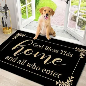 2D Flannel 1pc 1pc "God Bless This House" Pattern Doormat Welcome Carpet| Floral Style Indoor Door Mat, Flannel Material, Non-Slip, Soft, Comfortable, Easy to Clean, Suitable for Bedroom, Living Room, Dining Room, Kitchen, Bathroom, Entrance