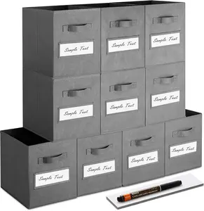 11 Inch Foldable Fabric Cube Storage Bins (Set of 10) - Storage Bins with 10 Labels Window Cards & Pen, Containers Baskets Organizers for Shelves Closet Home Office, Gray