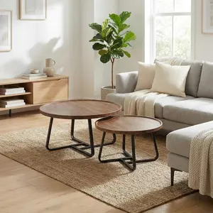 Mid Century Modern Nesting Coffee Table Set of 2 – Fluted Wood Circle Tables – Sturdy Metal Frame – Easy Assembly – Ideal for Living Room, Bedroom, Office, Balcony, Yard – Walnut Color Combination