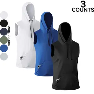 Men's Sleeveless Hooded Vest with Pockets Sports Waistcoat Breathable Fitness Training Top for Spring Summer in 3 Counts More Colors