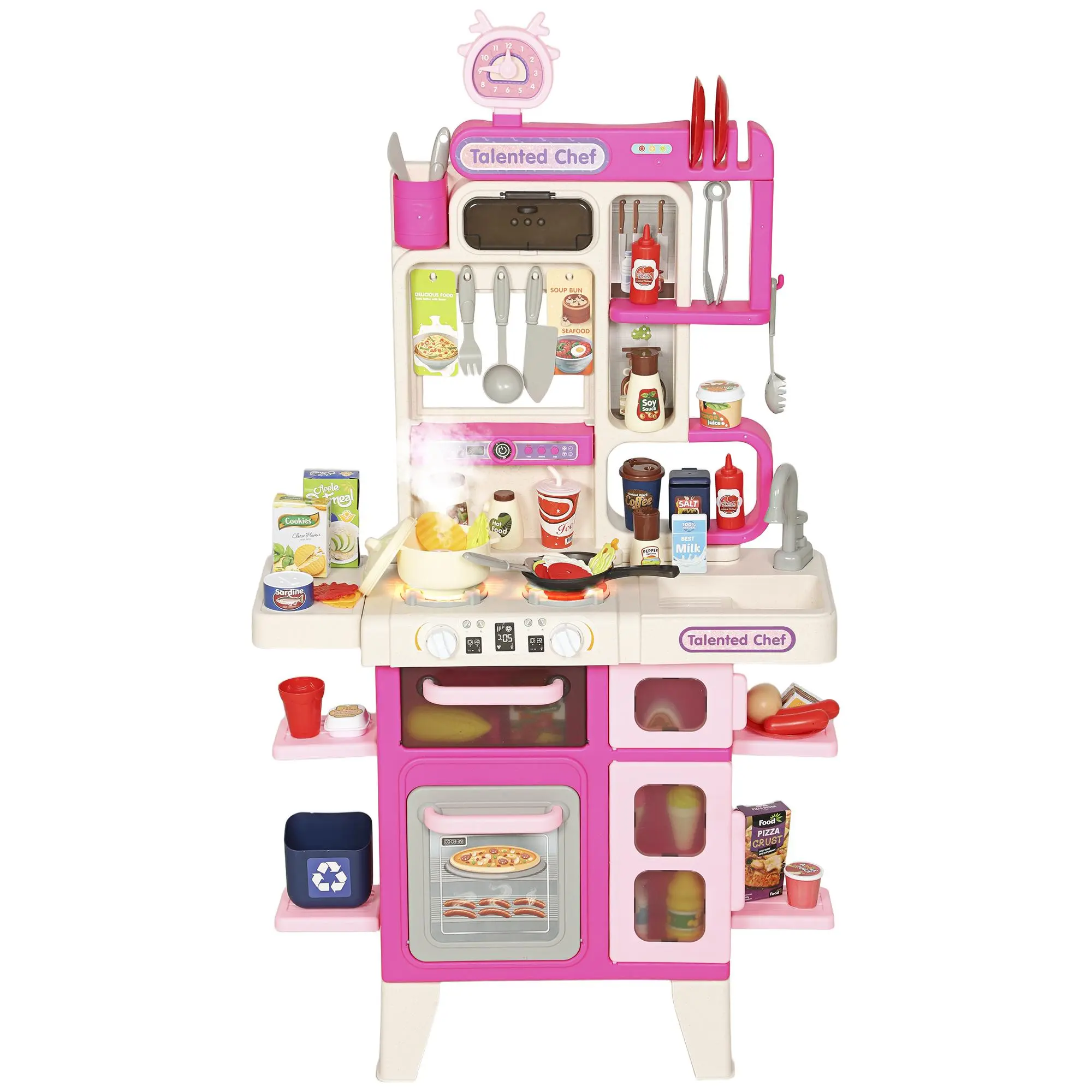 Qaba Kids Play Kitchen Toy Set, 104PCS Pretend Role Play Kitchen Playset for Toddlers, Realistic Lights & Sounds, Sink with Toy Food & Cookware Accessories, Ages 3-6, Pink