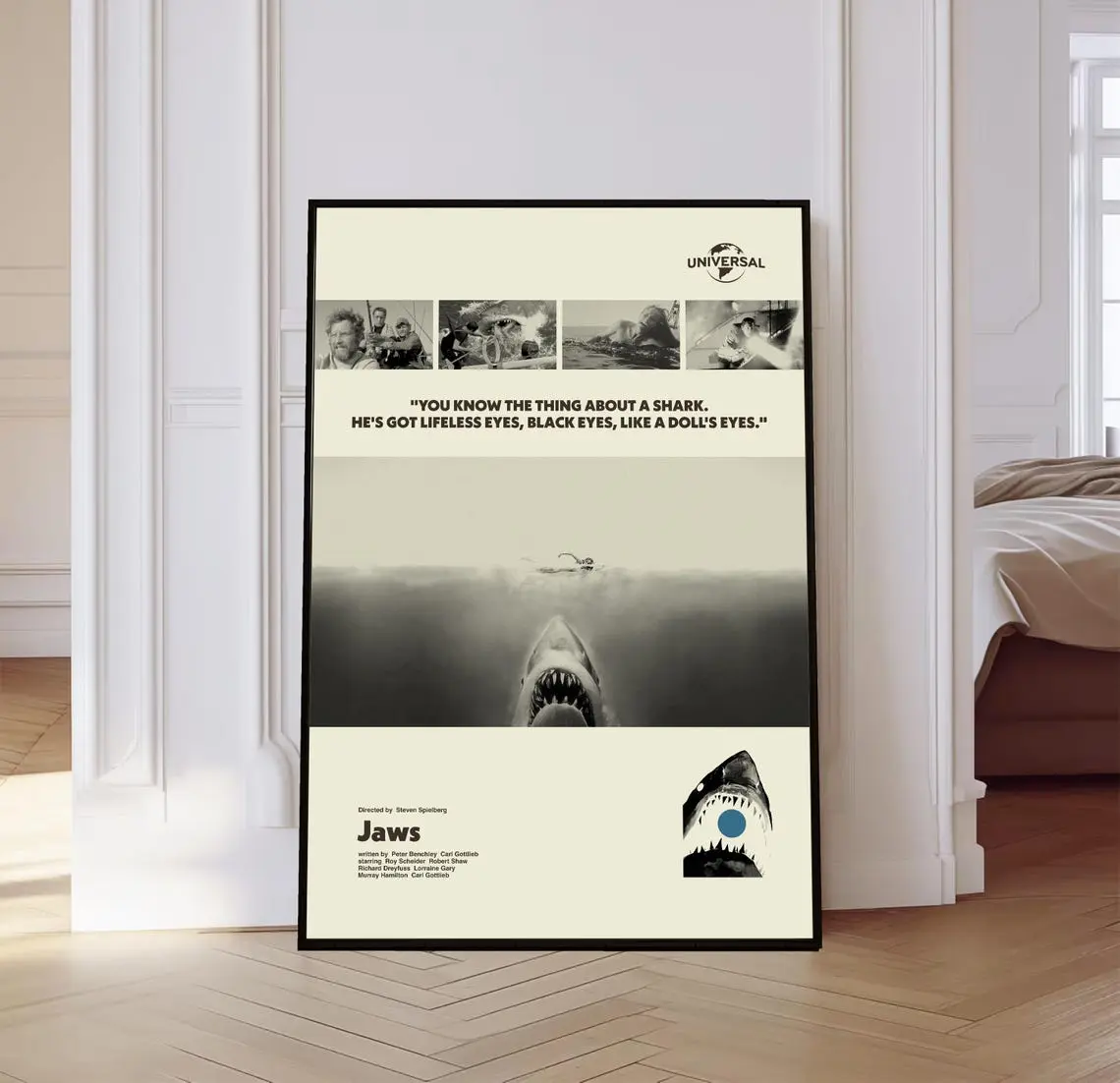 Jaws Movie Poster, Horror Poster, Mid century Art, Retro Modern Poster, Black And White Poster, Vintage Movie Poster, Gift for him