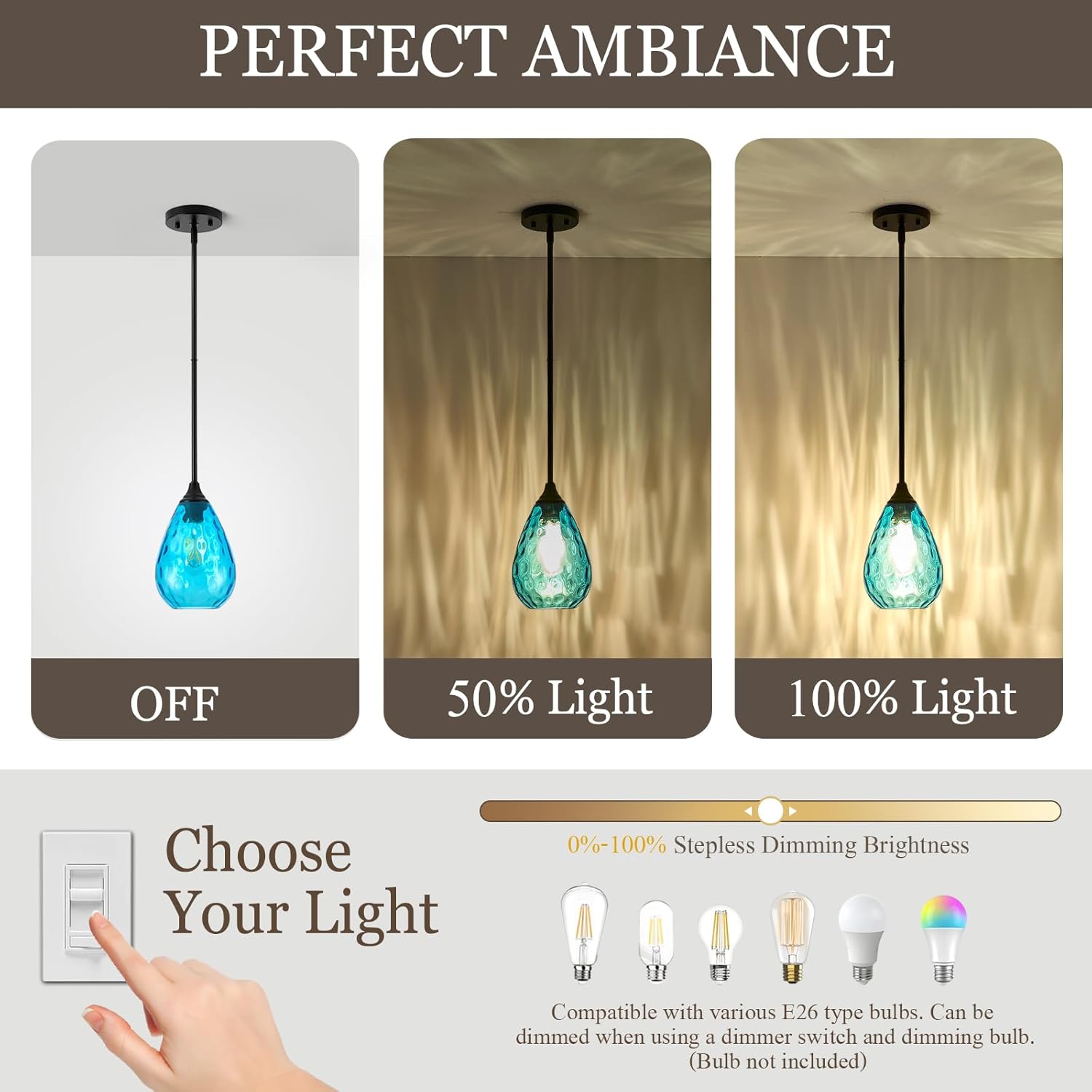 Glass Pendant Lights Kitchen Island, 1-Light Modern Black Fixtures with Blue Hammered Glass & Rods Small Hanging Light for Kitchen Sink Dining Room Bathroom