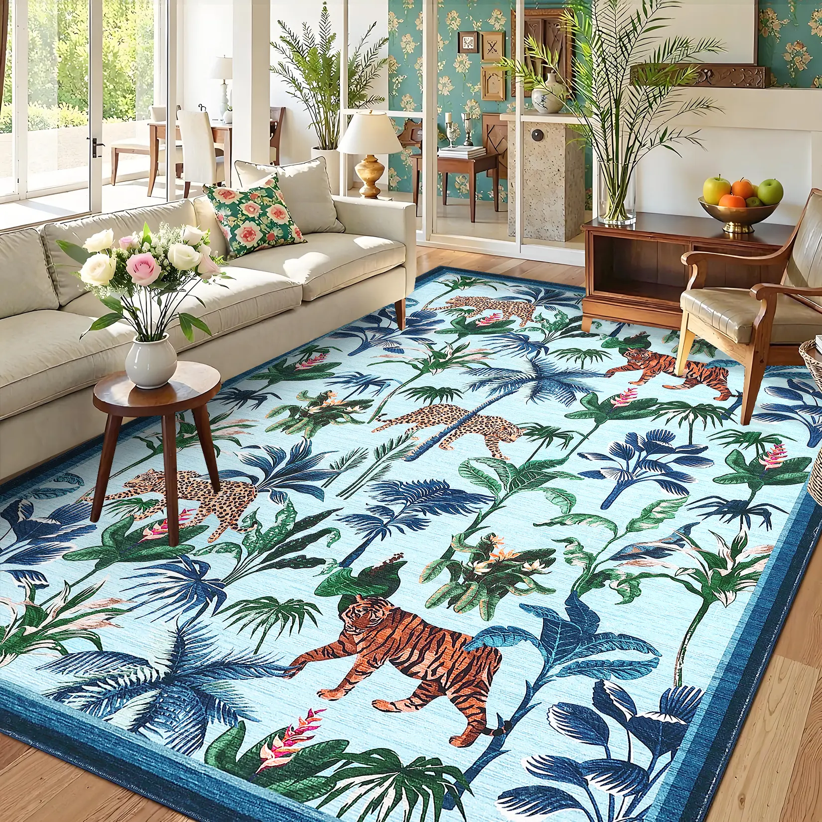 Tropical Jungle Botanical Rug Tiger Printed Rug Soft Non-Linting Rug with Non-Slip Backing for Living Room and Bedroom