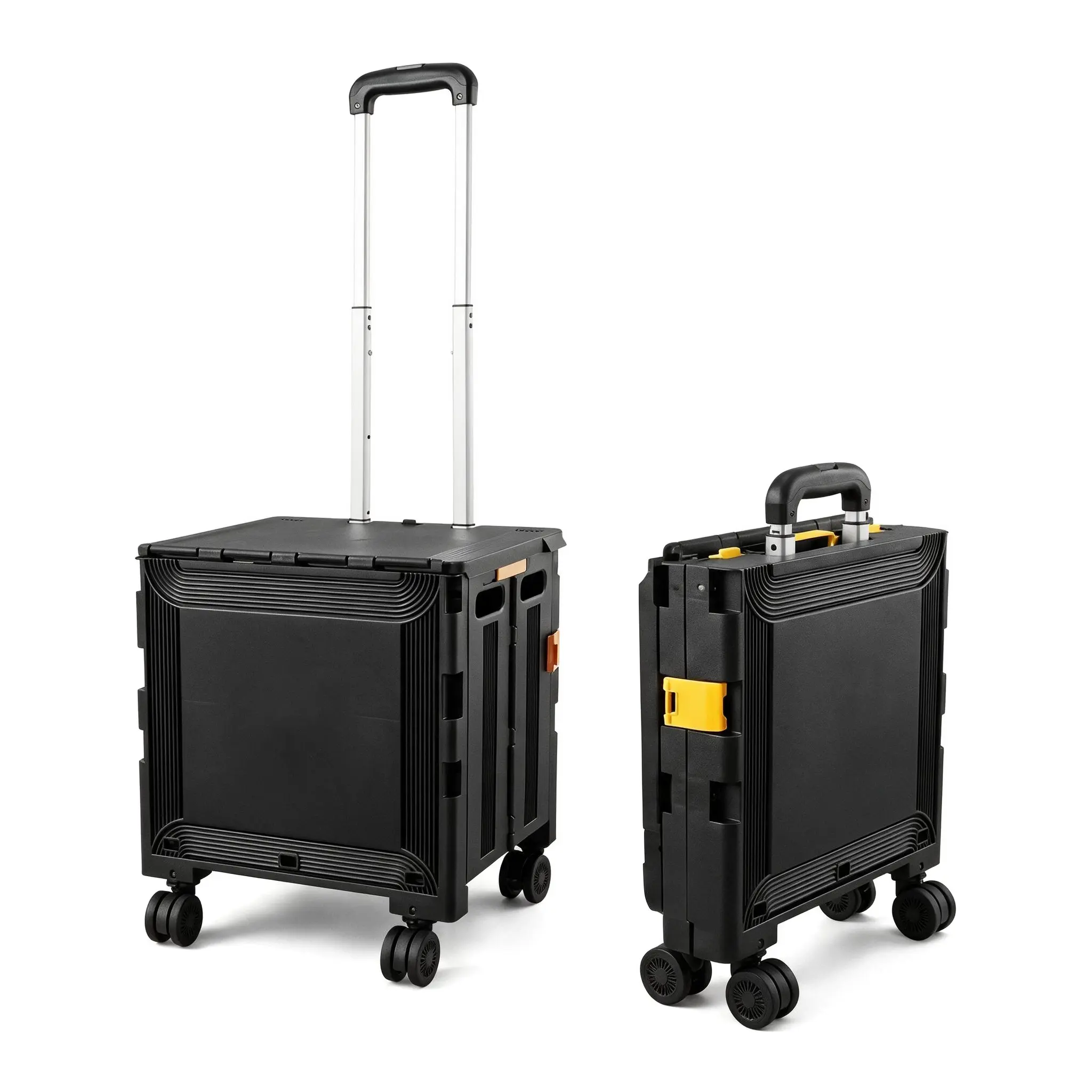 Plastic Sturdy Folding Rolling Storage Crate with Lid, Telescoping Handle, Smooth Universal Wheels - Lightweight Collapsible Wheeled Trolley for Kitchen Pantry, Grocery Car Trunk