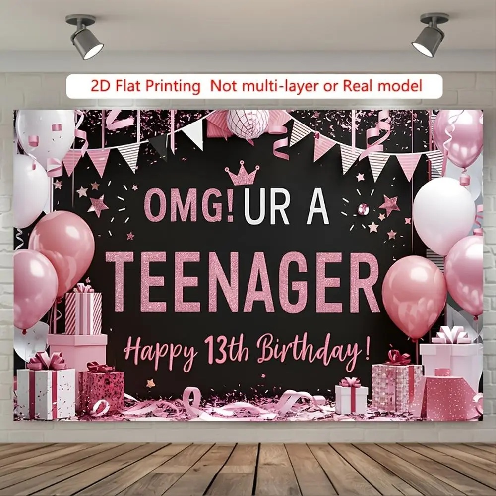 1-Piece Glam Soft 2D Flat Pink-Black 13th Birthday Party Backdrop with Balloon Print, "OMG! You're a Teenager" Banner, Gifts & Confetti - Durable Polyester Photo Prop, No Flimsy Design, Party Decorations for Indoor Home Use (Teenagers Targeted)