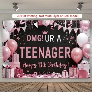 1pc 2D Flat Pink & Black 13th Birthday Party Backdrop - "OMG! You're a Teenager" Banner with Balloons, Gifts & Confetti - Durable Polyester Photo Prop for Home, Room, Wall Decor - Perfec White