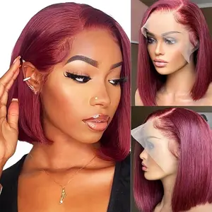 HaloQueen 99J Burgundy 13x4 HD Transparent Lace Frontal Bob Wig 14 Inch Natural Straight Human Hair Pre Plucked for Women