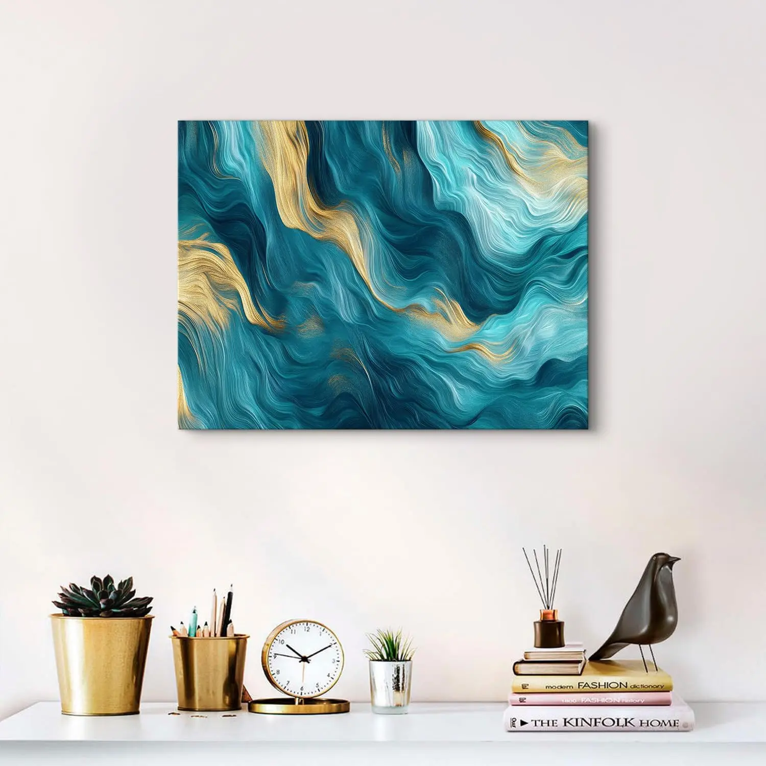 12x16in Artistic Abstract Canvas Wall Artwork - Teal Blue & Gold Fluid Lines, Colorful Modern Decor for Living Room, Home Supplies Gift for Father's Day Neighbors, Wardrobe Accent, Kid Room