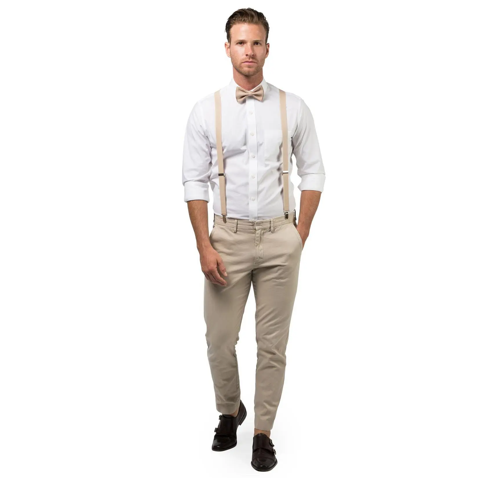 Beige Suspenders & Beige Bow Tie