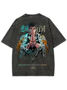 Devil Killer Gyomei Himejima Stone Hashira Printed Washed T-shirt 2026 Summer Men's and Women's Oversized Street Wear, Casual Sports Loose Comfortable Short Sleeve Fashion Top