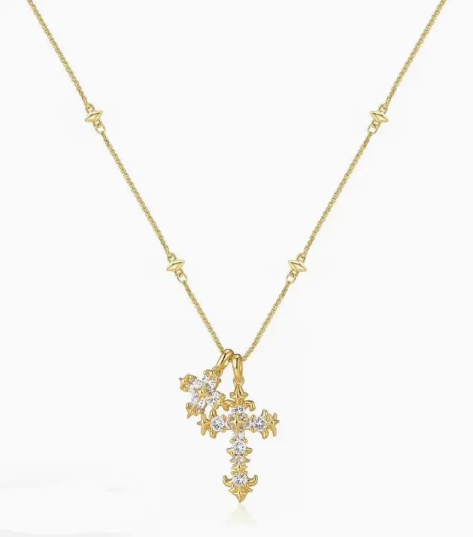 Gold-Plated Iris Cross Necklace with Adjustable Chain, Crystal Accents, Electroplated Finish, Christian Symbol Pendant, Spring Clasp, Dainty Daily Wear Jewelry for Men/Women