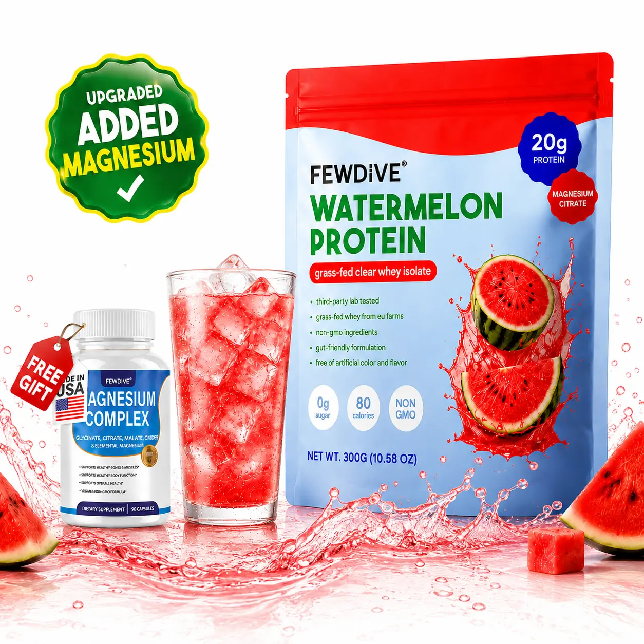 FEWDIVE Clear Whey Isolate Supplement - Grass Fed Blend with Collagen, Magnesium, Vitamins, 20g Protein, 80 Calories, 0g Sugar, Lactose & Gluten Free Refresher for Fitness, Body Health, Bodybuilding Lifestyle Daily Nutrition