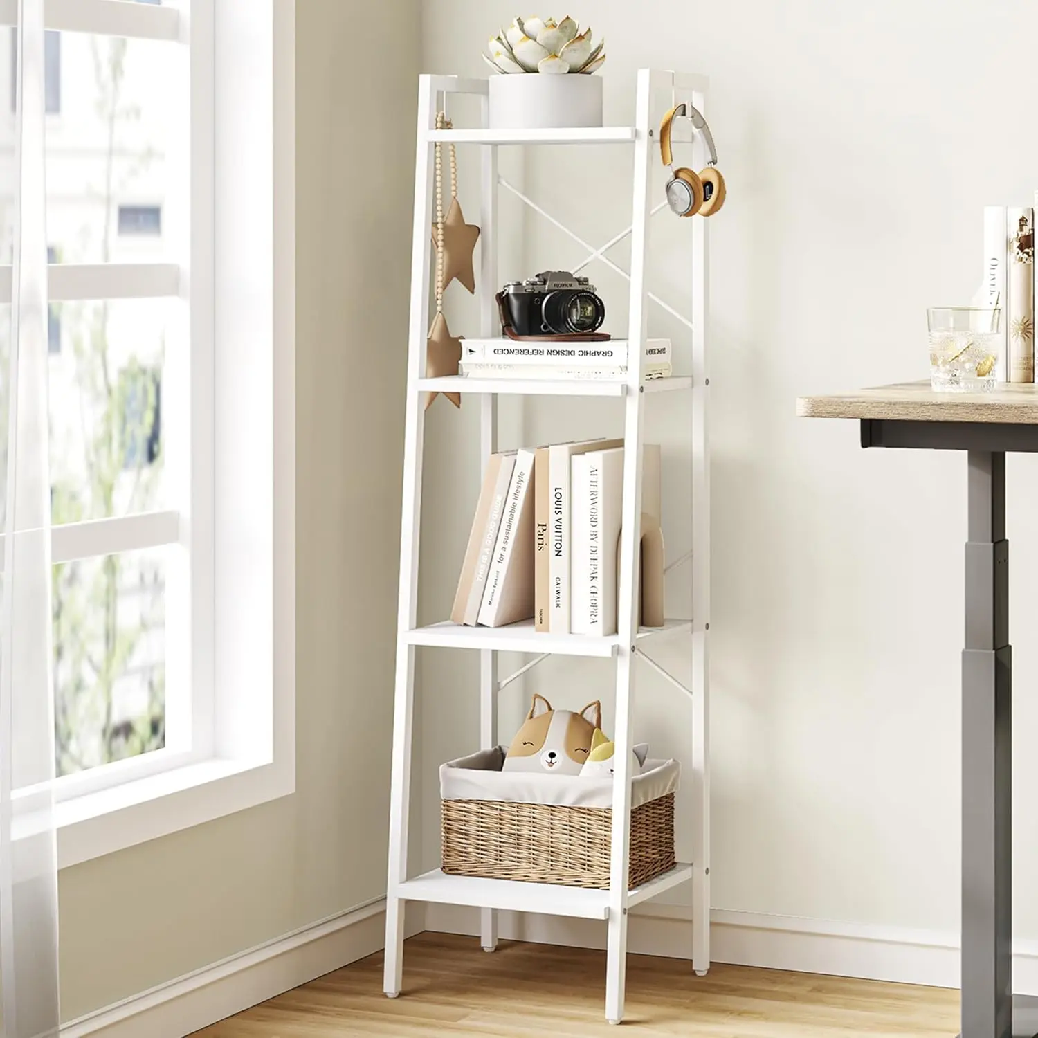 Ladder Shelf, Bookshelf Bookcase, Freestanding Corner Storage Shelve with 2 Hooks for  Office, Living Room, Kitchen, Bedroom, Industrial, 4-Tier White BC13213W