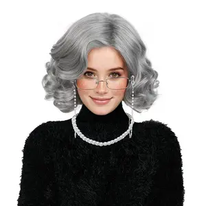 5 count Old Lady Wig Set for Women Grey Grandma Wig with Glasses &  Necklace for Halloween Costume Party