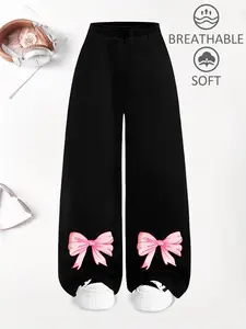 Sweet Girl Bow Print Sweatpants, Comfortable Breathable Fall Winter, Children Daily Wear, Loose Wide Leg Pants, Casual Style