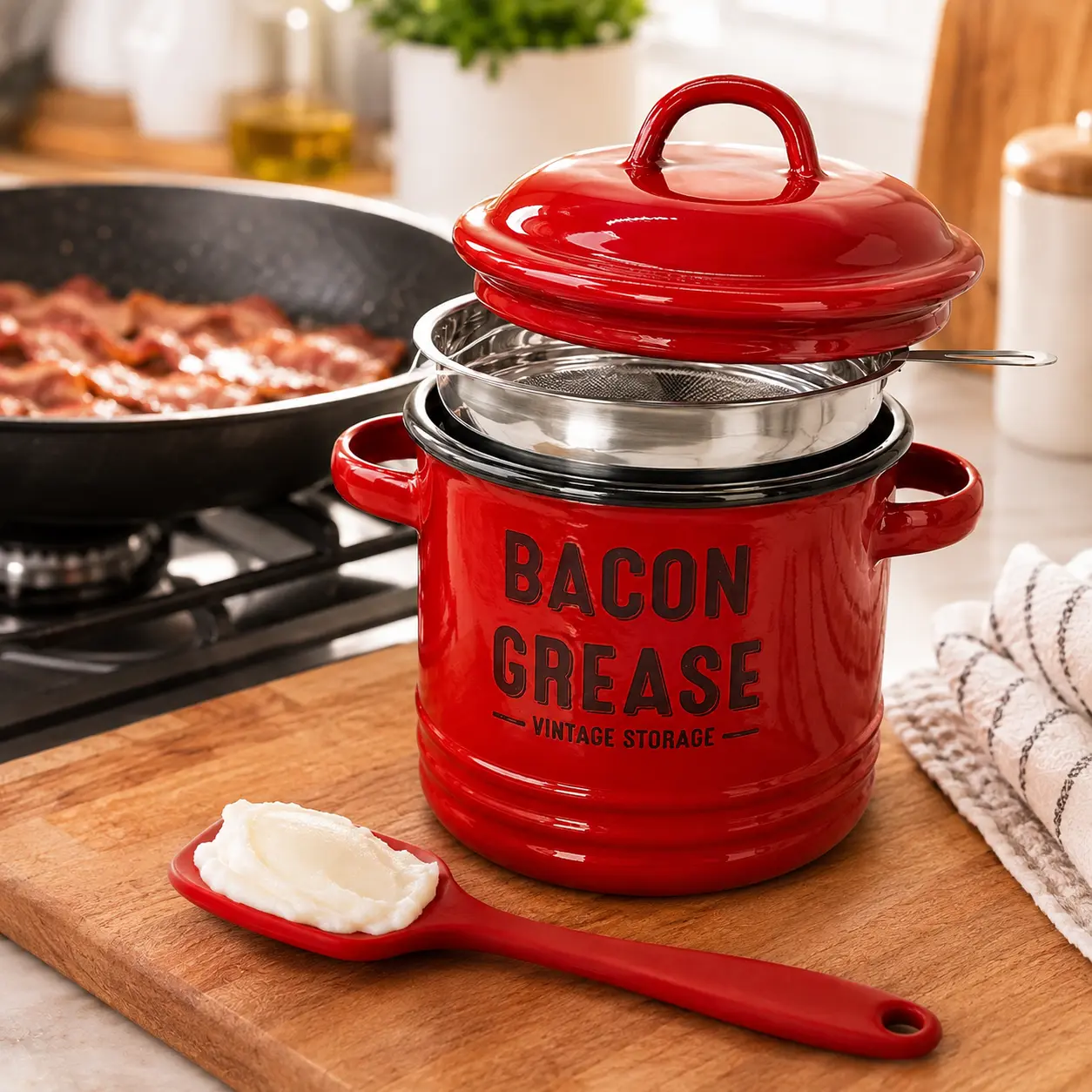 Red Bacon Grease Keeper with Strainer, Vintage Kitchen Oil Container with Lid & Spatula for Bacon Fat Storage Set Stainless Steel Utensils