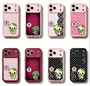 Y2k Kawaii Emo Zombie Phone Case | Pink Black Polka Dot Skull Pattern Protective Cover, Soft Durable TPU Cover with Lens Protection. Compatible with iPhone 11-17 Pro Max & Samsung ， Cute stylish aesthetic design, perfect gift ideas for her & him.
