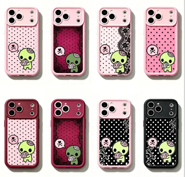 Y2k Kawaii Emo Zombie Phone Case | Pink Black Polka Dot Skull Pattern ...