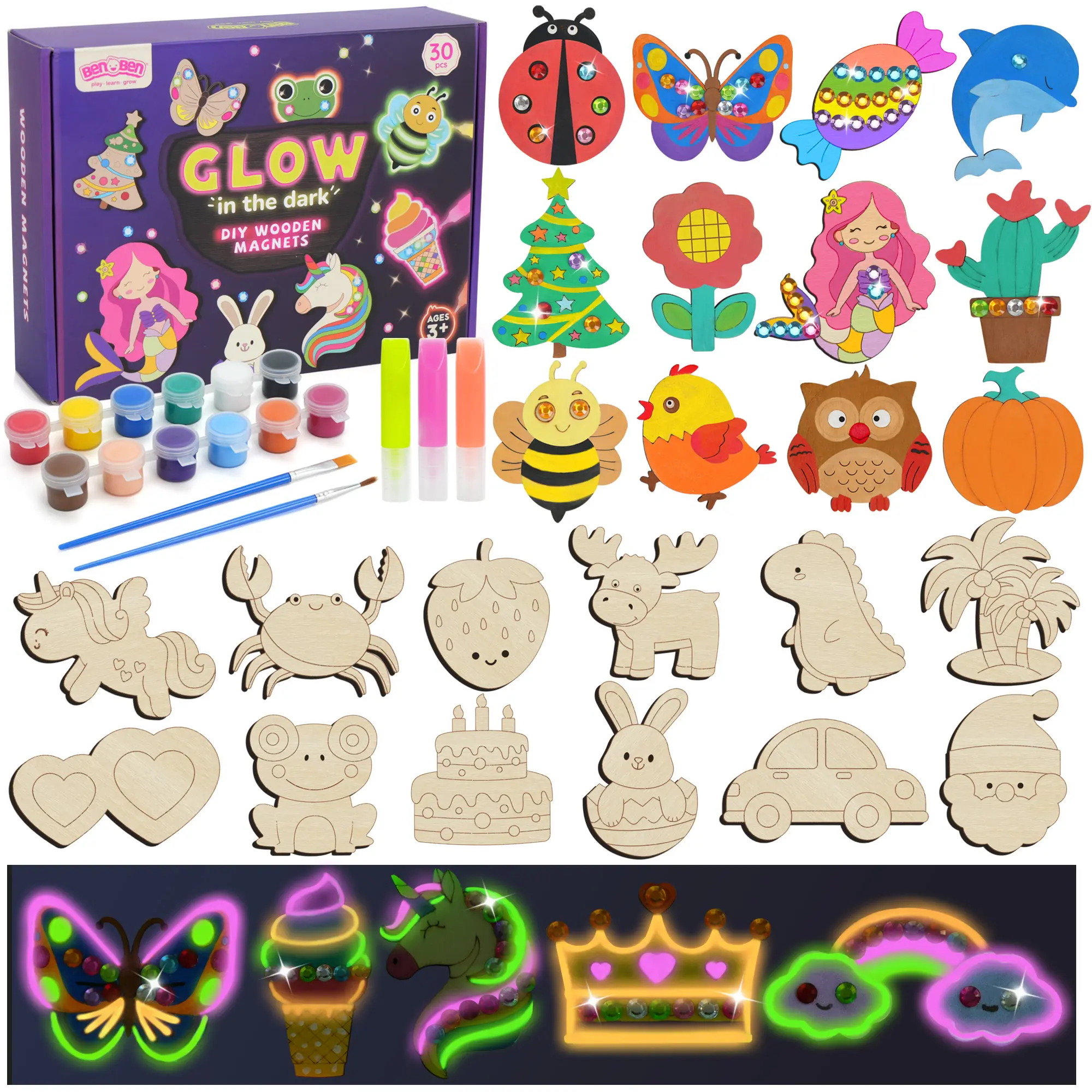 30pcs Glow-In-The-Dark DIY Wooden Refrigerator Magnet Painting Kits - Kids' Craft Toys, Arts & Crafts Supplies, Christmas Stocking Stuffers Gifts Presents